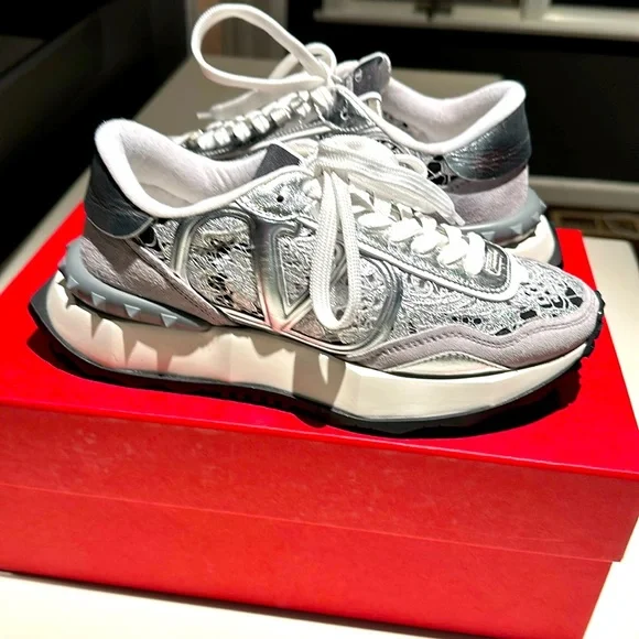BRAND NEW never worn silver Valentino lace sneakers, size 6 1/2! - Picture 1 of 7